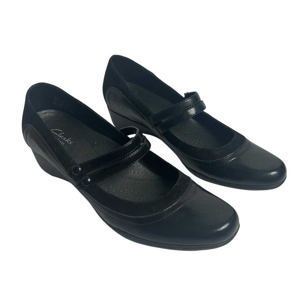 Clarks Artisan Black Leather Double Strap Mary Jane Wedge Pumps 87415 9M